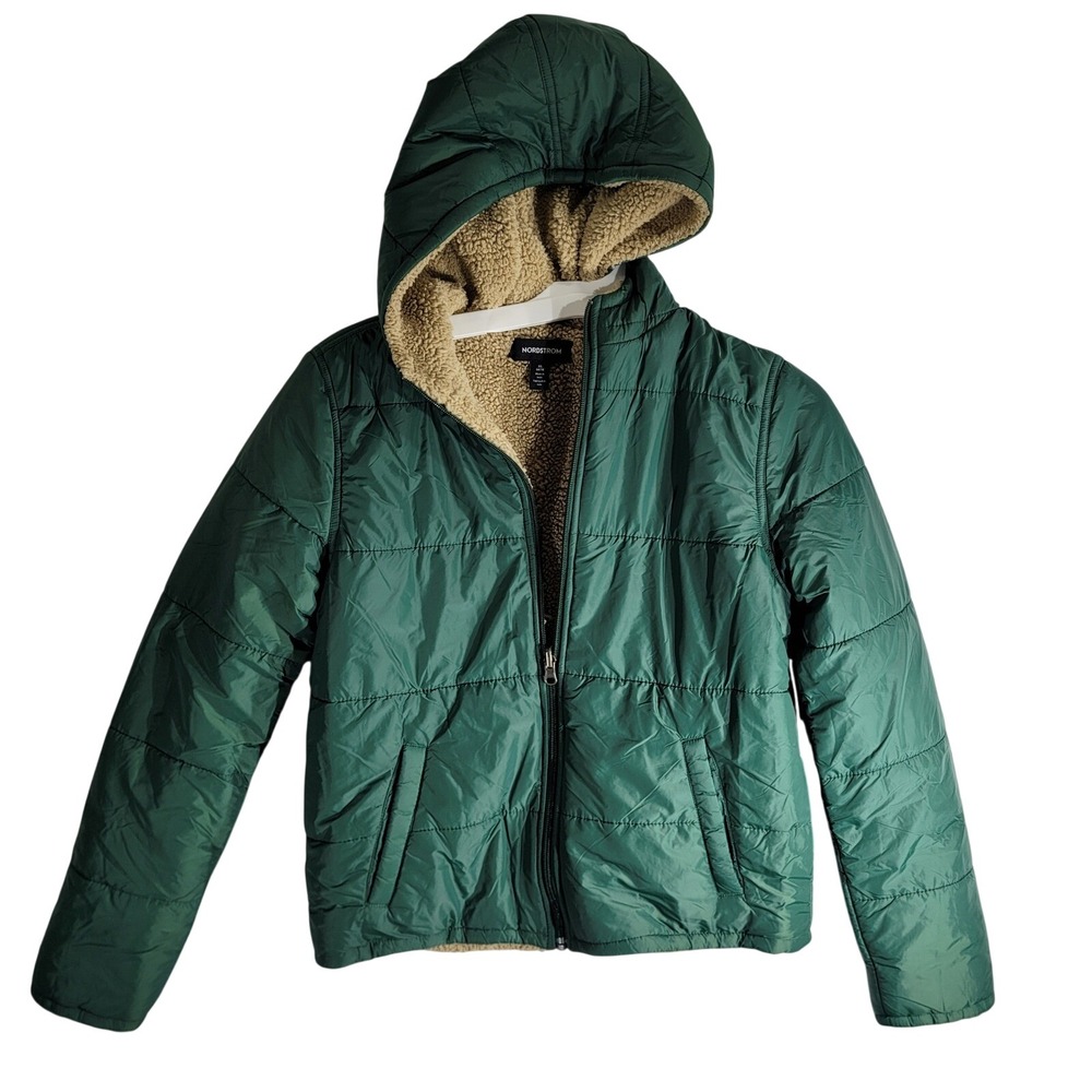 Nordstrom Youth XL 14/16 Reversible Puffer Jacket Green Pinecone Tan Fleece Hood